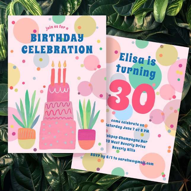 Convite Bolhas de Bolo Rosa Personalizadas para FESTA DE A (Pink Cake Bubbles Whimsical BIRTHDAY PARTY Custom Invitation
)