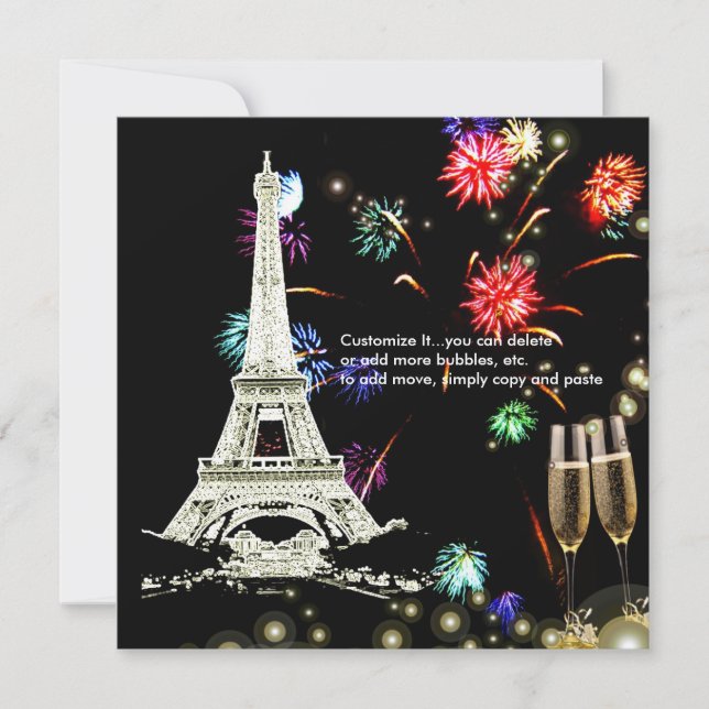 Convite Bolhas de champanhe Eiffel Tower+fireworks (Frente)
