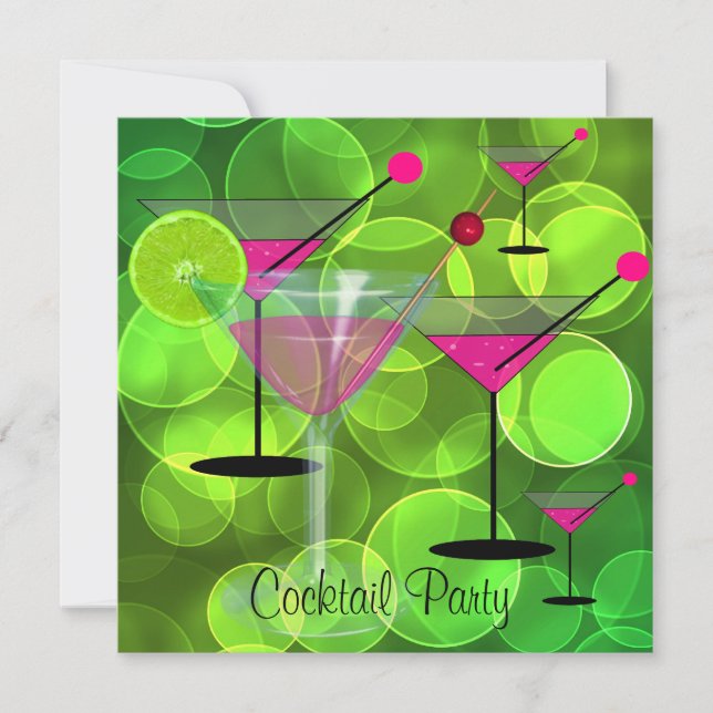 Convite Bolhas de Festa de Cocktail Verde Rosa (Frente)