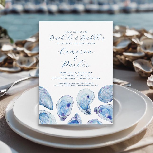 Convite Bolhas de Ostra Blue Watercolor (Bushels and Bubbles Oyster Roast Invitation with blue watercolor oyster shells from Concertina Press)