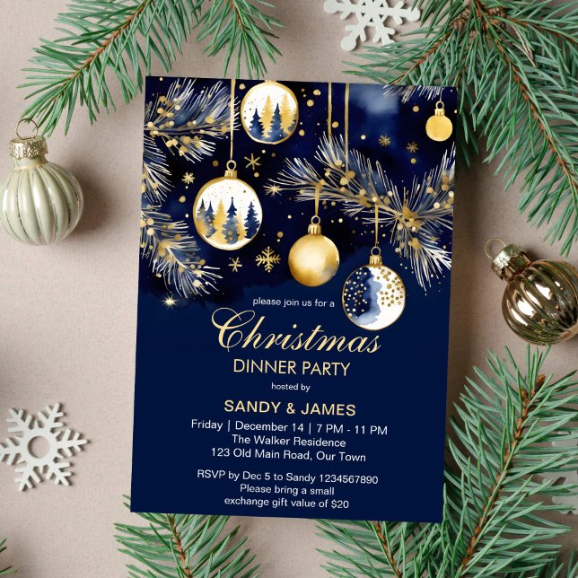 Convite Bolhas de ouro e marinho do janto de Natal (Christmas dinner party elegant navy blue and gold baubles template invitation instant download)