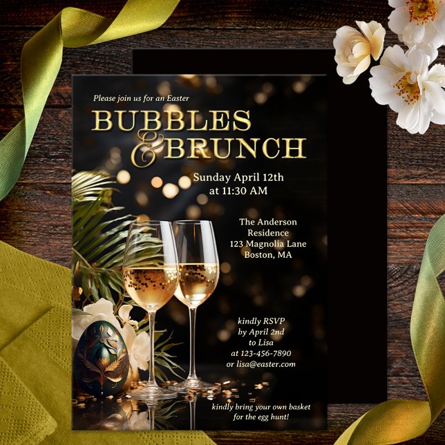 Convite Bolhas de Páscoa Elegante e Brunch (Stylish and festive Easter Bubbles & Brunch invitation showing two glasses of sparkling wine and egg)