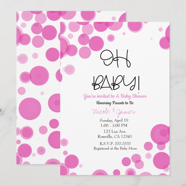 Convite Bolhas de Pontos Rosa e Branco OH BABY Chá de Bebê (Frente/Verso)