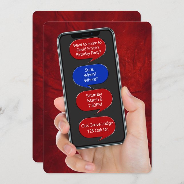 Convite Bolhas de Texto para Festa de aniversário em couro (Frente/Verso)