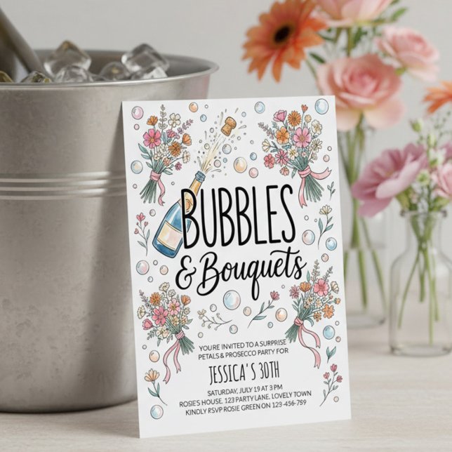 Convite Bolhas e Bouquets Festa de Prosecco e Pétalas (Bubbles & Bouquets perfect for garden brunch & bubbly, flower arranging workshop, petals & prosecco)