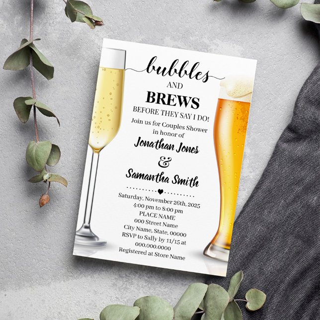 Convite Bolhas e seios antes de fazer chá de casal (Bubbles and Brews before I do Couples Shower Invitation, Champagne and Beers Minimalist Wedding)