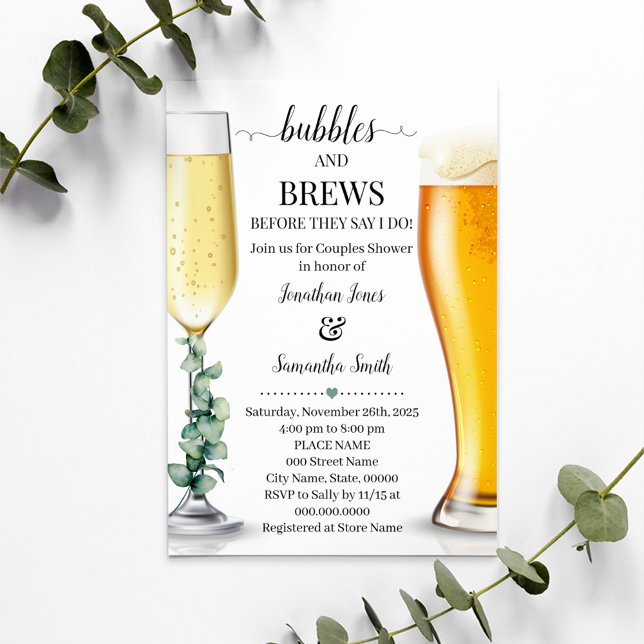 Convite Bolhas e seios antes que eu faça chá verde (Bubbles and Brews before I do Couples Shower Eucalyptus Invitation, Champagne and Beers Rehearsal)