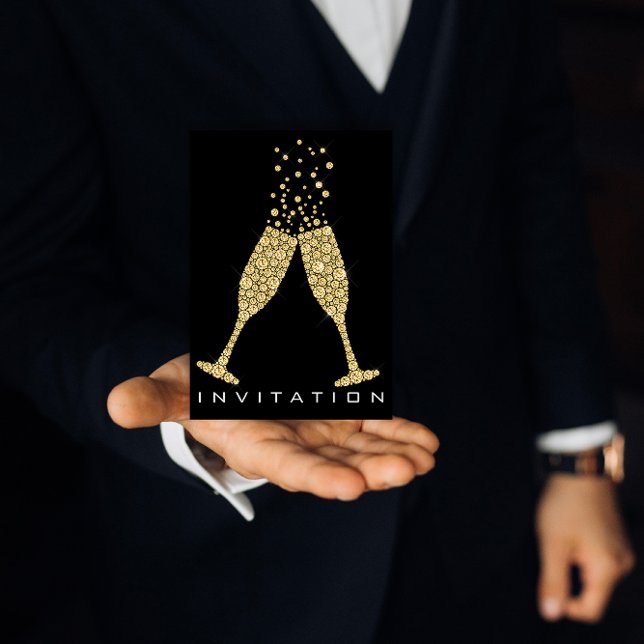 Convite Bolhas Óculos de Champanhe Coquetel Dourado Crista (Bubbles Glasses Champagne Cocktail Gold Crystals Invitation)