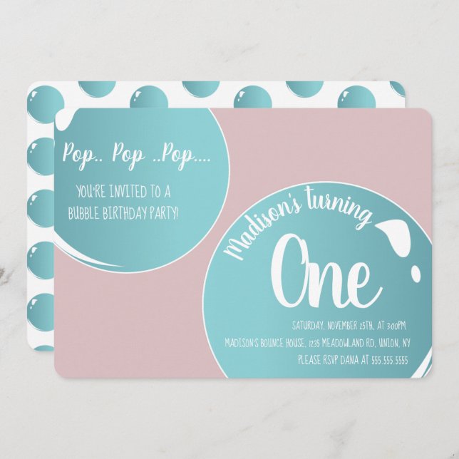 Convite Bolhas Pop Pop Pop de de de Aniversário Rosa (Frente/Verso)