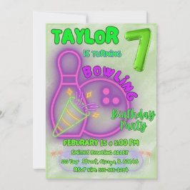 Convite Boliche de crianças neon verde e roxa