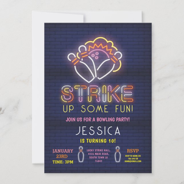 Convite Boliche Invite Festa de aniversário Neon Pink Stri (Frente)