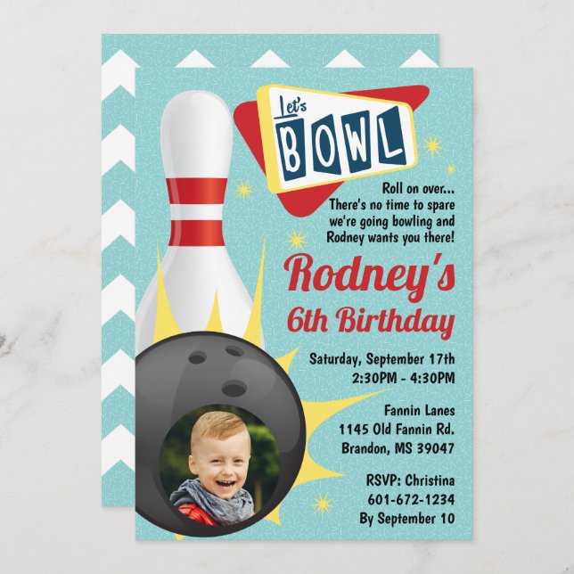 Convite Boliche Party Retro Tenpin com foto (Frente/Verso)