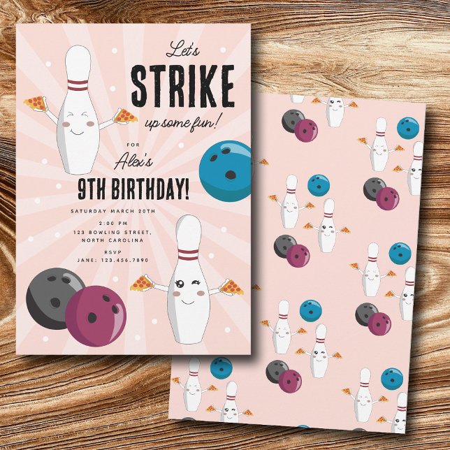 Convite Boliche Pizza Ataca Um Aniversário de criança Dive (Bowling Pizza Strike Up Some Fun Kids Birthday Invitation)