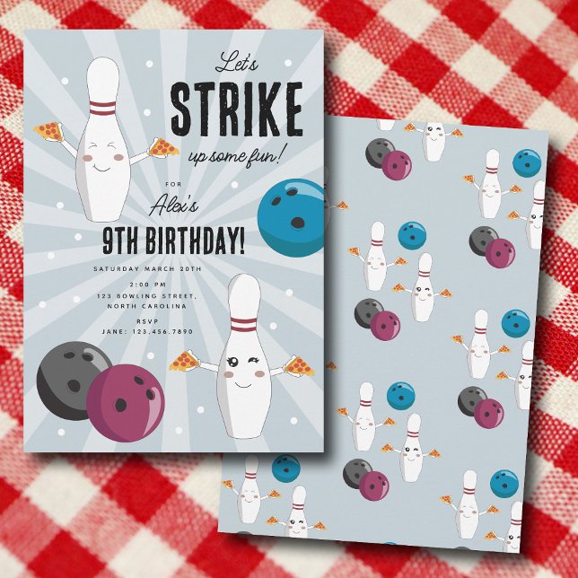 Convite Boliche Pizza Ataca Um Aniversário de criança Dive (Bowling Pizza Strike Up Some Fun Kids Birthday Invitation)
