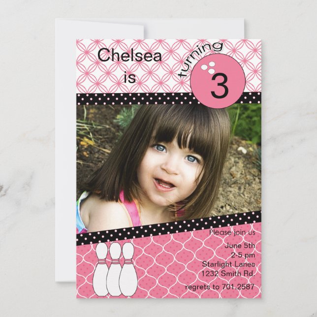 Convite boliche rosa moderno com foto (Frente)