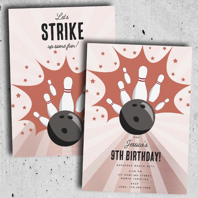 Convite Boliches Atacam Uma Rosa Dourada De Aniversário Di (Bowling Strike Up Some Fun Birthday Rose Gold Girl Invitation)