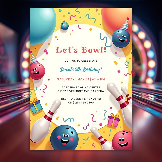 Convite Boliches para crianças festivas, Festa de aniversá (Festive Kids Bowling Themed Birthday Party Invitation)