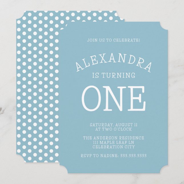 Convite Bolinhas Azul Moderno Mínimo Primeiro Aniversário (Frente/Verso)