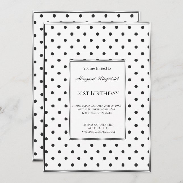 Convite Bolinhas Black White aniversário de 21 anos Party (Frente/Verso)
