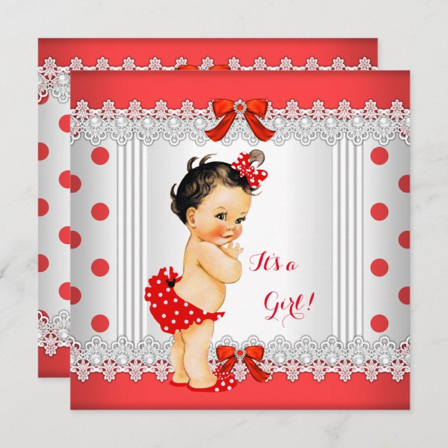 Convite Bolinhas brancas Chás de fraldas brancas do  Girl  (Frente/Verso)