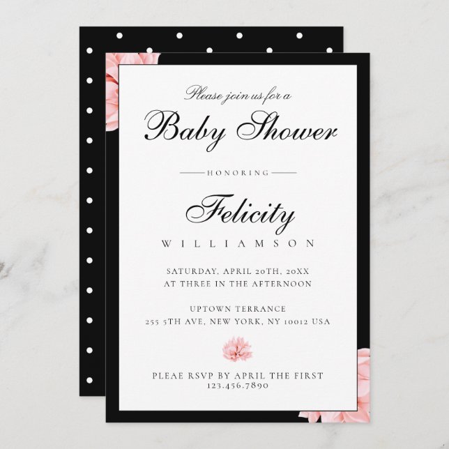 Convite Bolinhas brancas negras elegantes Chá de fraldas f (Frente/Verso)