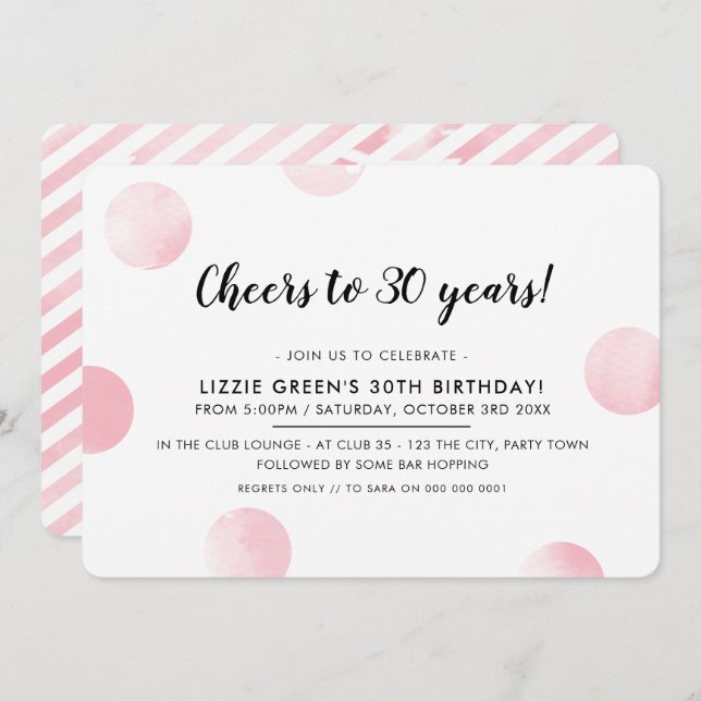 Convite bolinhas cor-de-água cor-de-rosa aniversário de 30 (Frente/Verso)
