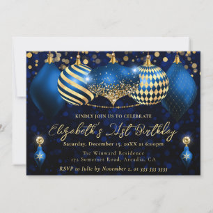 Convite Bolinhas de Natal Azul e Dourado Aniversário de 21