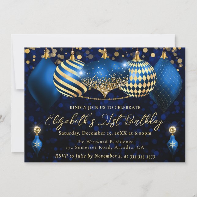 Convite Bolinhas de Natal Azul e Dourado Aniversário de 21 (Frente)
