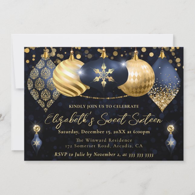 Convite Bolinhas de Natal Azul-Marinho e Dourado Sweet 16 (Frente)