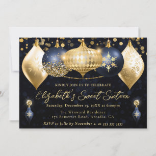 Convite Bolinhas de Natal Azul-Marinho e Dourado Sweet 16