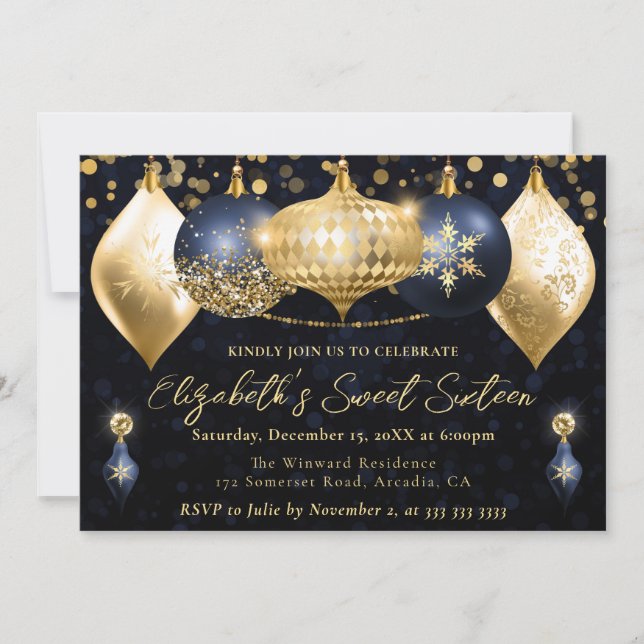Convite Bolinhas de Natal Azul-Marinho e Dourado Sweet 16 (Frente)