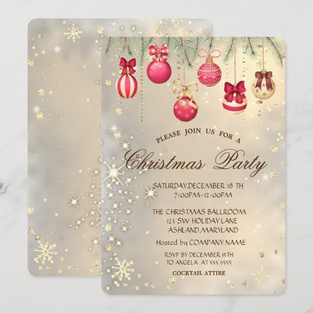 Convite Bolinhas de Natal, Galhos de Pinheiro Dourado de N (Frente/Verso)
