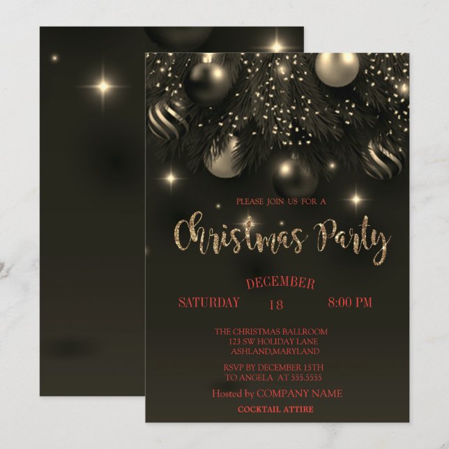 Convite Bolinhas de Natal Preto Festa de Natal da Empresa (Frente/Verso)