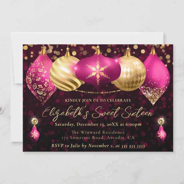 Convite Bolinhas de Natal Rosa e Dourado Doce 16 (Frente)