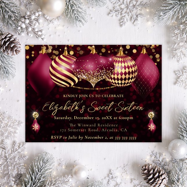 Convite Bolinhas de Natal Vermelhas e Douradas Aniversário (Criador carregado)