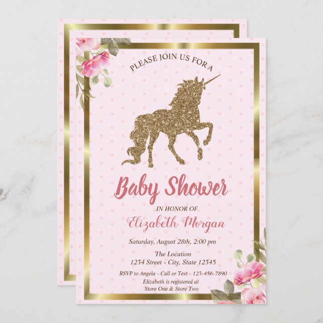 Convite Bolinhas de Unicórnio com Glitter Dourado,Chá de f (Frente/Verso)