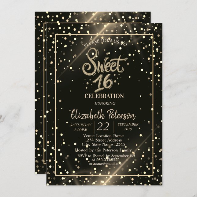 Convite Bolinhas Elegantes, Doce 16 Festa (Frente/Verso)