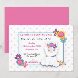 Convite Bolinhas Llama Branco Fluffy Primeira Festa de ani