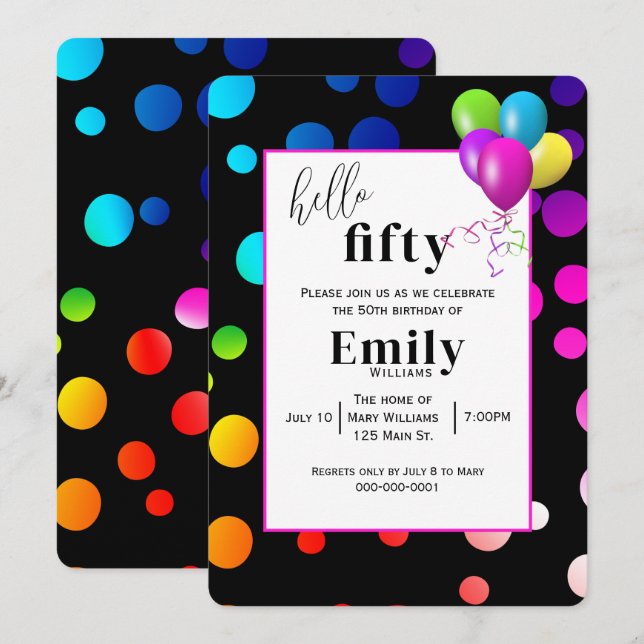 Convite Bolinhas neon para a 50ª Festa de aniversário (Frente/Verso)