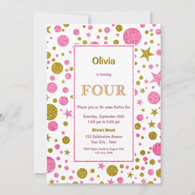 Convite Bolinhas rosa 4ª festa de aniversário (Frente)