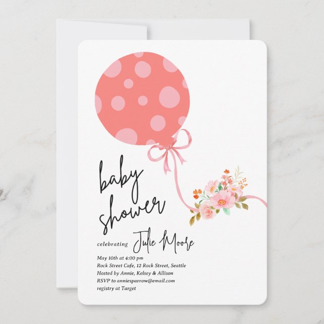 Convite Bolinhas rosa Chá de fraldas das flores do balão (Frente)