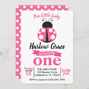 Convite Bolinhas Rosa Ladybug Raparigas Aniversário
