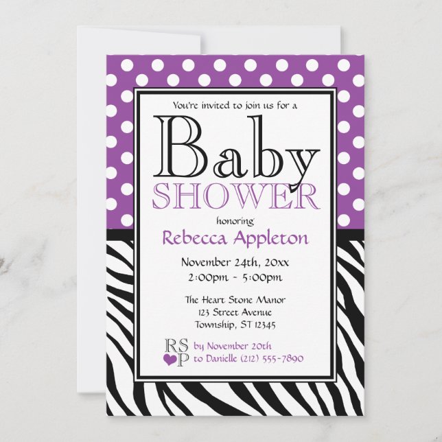 Convite Bolinhas Roxo e Chá de fraldas de Impressão Zebra (Frente)