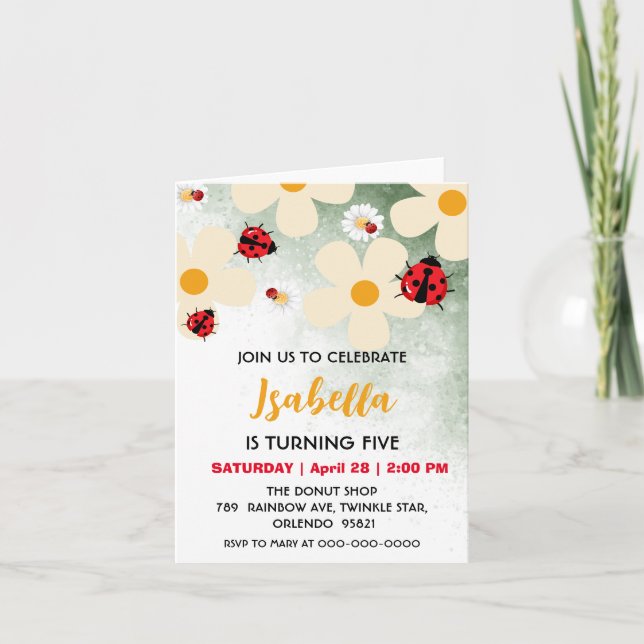 Convite Bolinhas vermelha e bonita Ladybug Daisy Flower Bi (Frente)