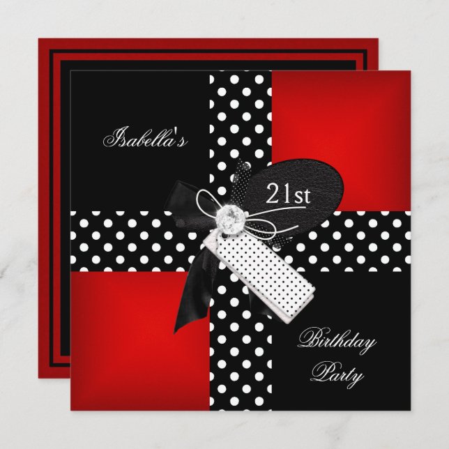 Convite Bolinhas Vermelho aniversário de 21 anos (Frente/Verso)