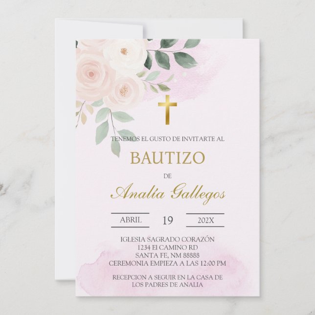 Convite Bolinho de Batismo espanhol, cor-de-rosa-poeirento (Frente)