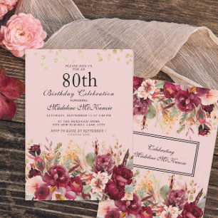 Convite Bolo Aniversário 80 Rosa Borgonha Floral Dourado B