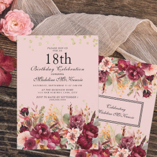 Convite Bolo Aniversário de 18 Anos Rosa Borgonha Floral D
