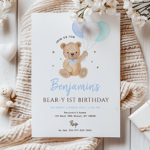 Convite Bolo Aniversário Menino Urso Teddy Azul Balão