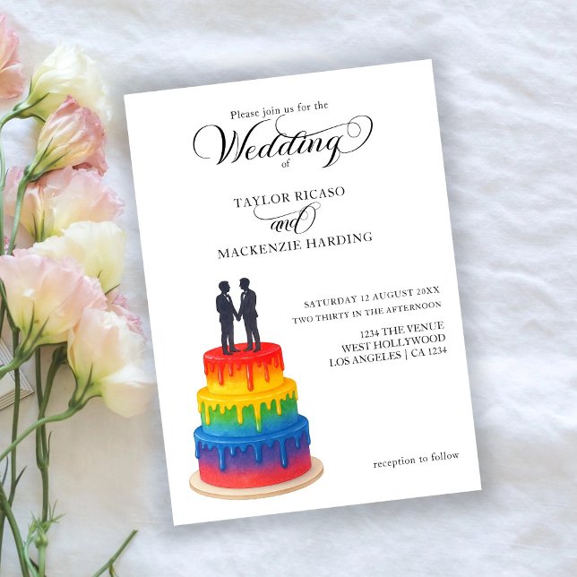 Convite Bolo arco-íris e gay de roteiro elegante (Rainbow cake and elegant script gay wedding invitation by Ricaso. Exclusive to Zazzle.)
